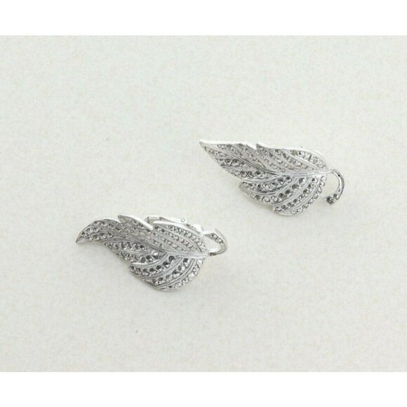 Sterling Silver Marcasite Leaf Clip On Earrings Screw Back - Picture 6 of 7